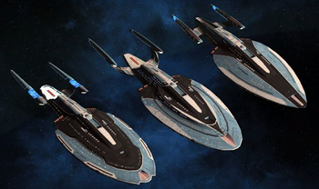 U.S.S. Enterprise and U.S.S. Phoenix flying in formation.